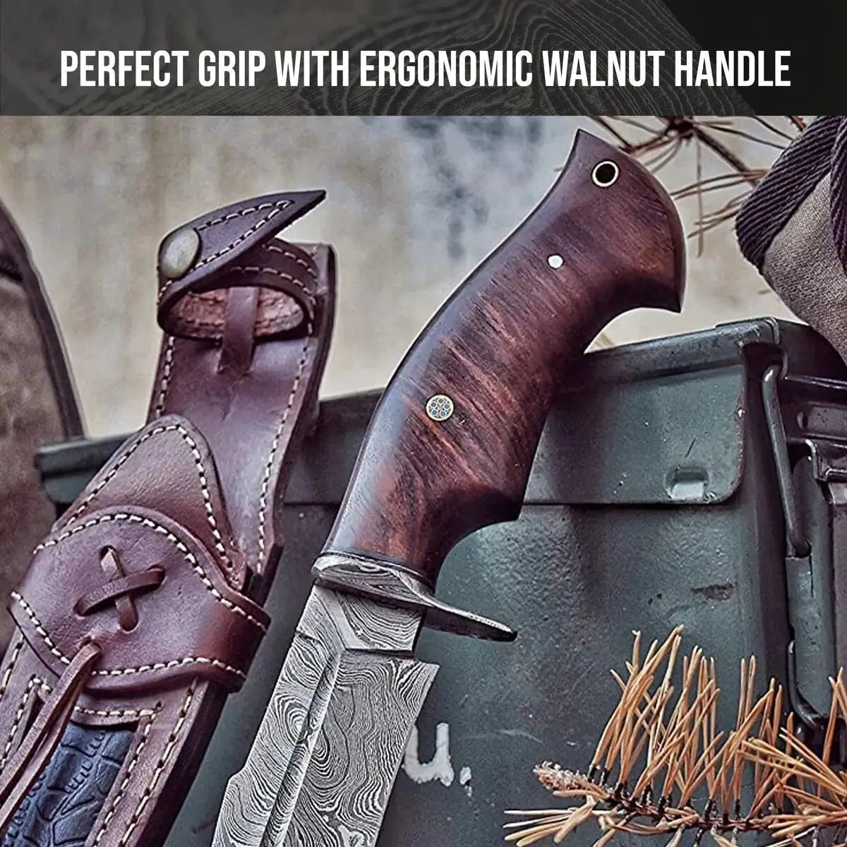 Damascus Steel Bowie Hunting Knife with Rosewood Handle