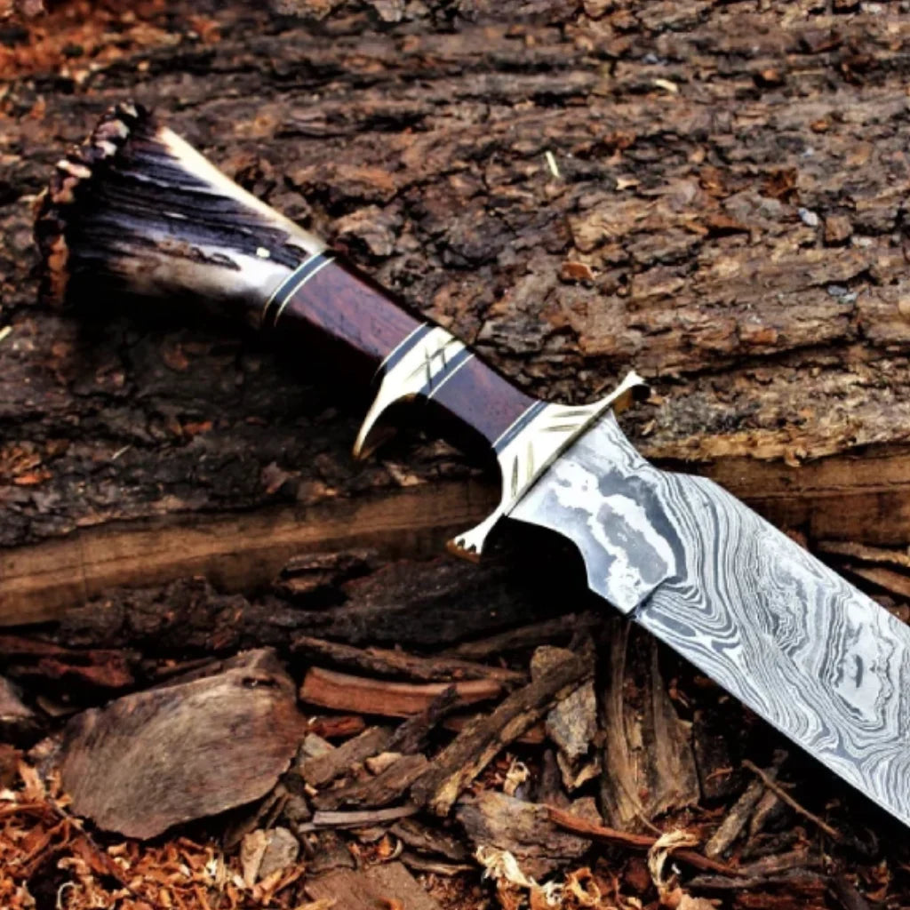 Damascus Steel Hunting Knife Stag Handle