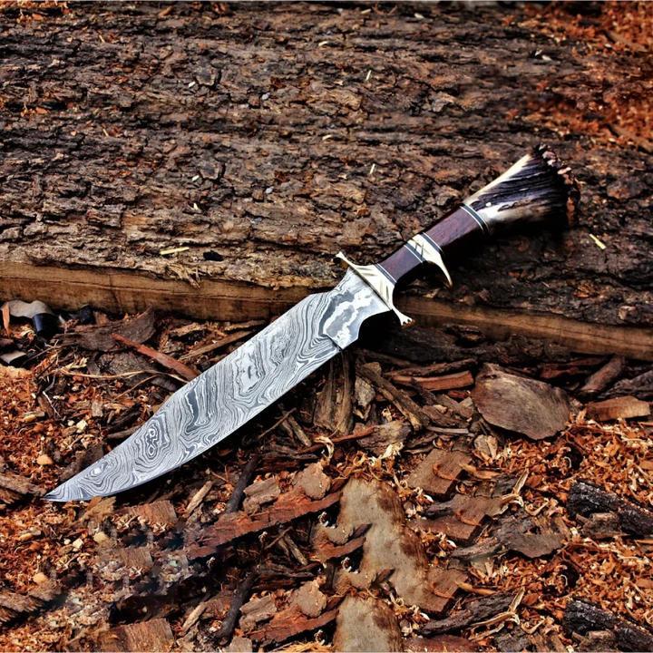 Damascus Steel Hunting Knife Stag Handle