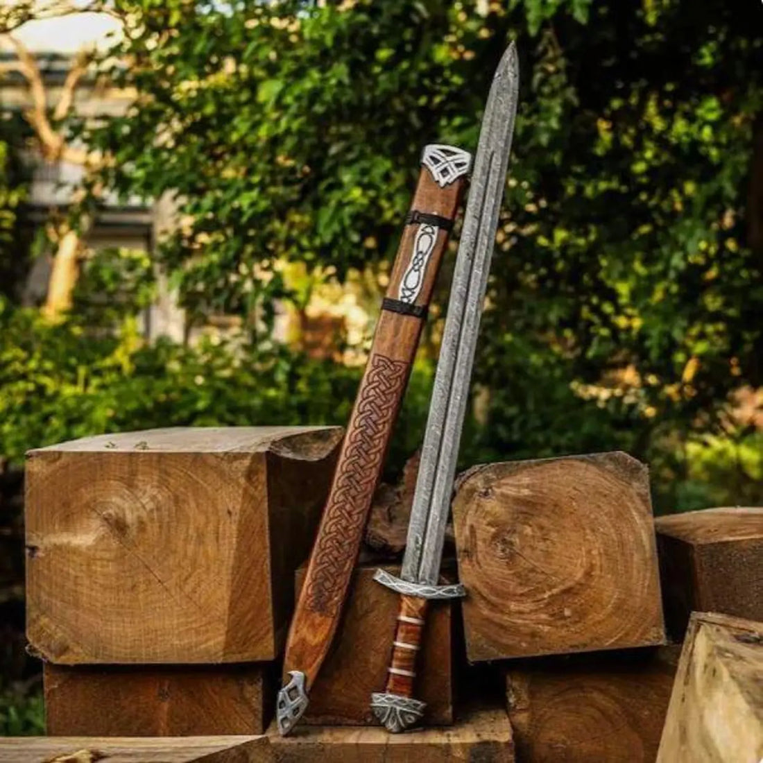Viking Medieval Damascus Steel Sword – 36″ Battle Ready Sword with Ash Wood Handle & Silver Etched Guard