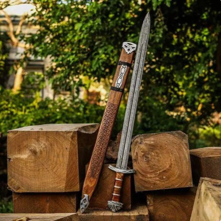 Viking Medieval Damascus Steel Sword – 36″ Battle Ready Sword with Ash Wood Handle & Silver Etched Guard