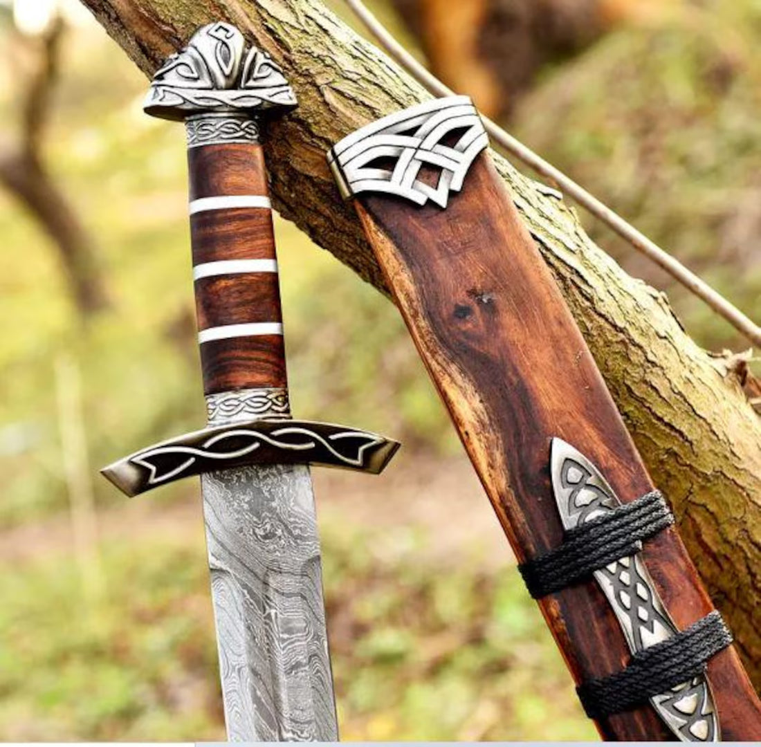 Viking Medieval Damascus Steel Sword – 36″ Battle Ready Sword with Ash Wood Handle & Silver Etched Guard