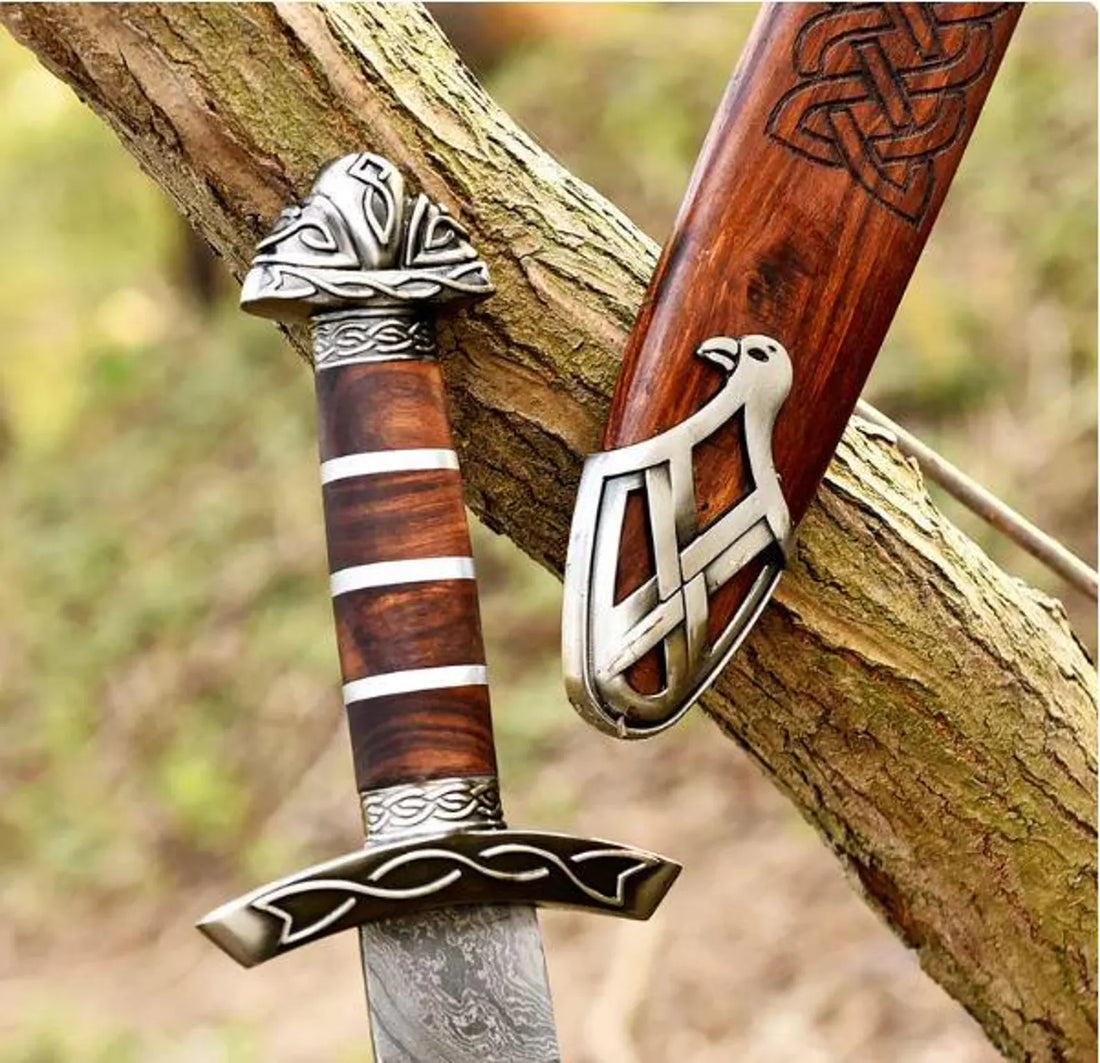 Viking Medieval Damascus Steel Sword – 36″ Battle Ready Sword with Ash Wood Handle & Silver Etched Guard