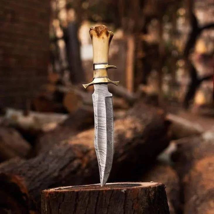 Handmade Damascus Steel Bowie Knife with Brozen Guards & Camel Bone Handle