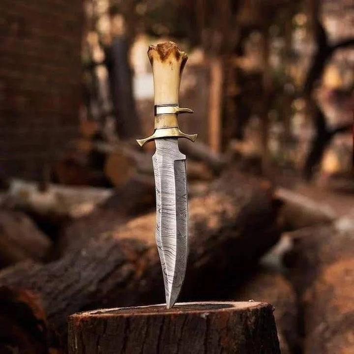 Handmade Damascus Steel Bowie Knife with Brozen Guards & Camel Bone Handle