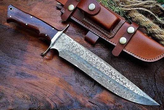 Premium Handcrafted Damascus Bowie Knife Rose Wood Handle