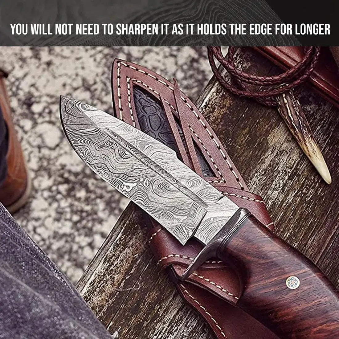 Damascus Steel Bowie Hunting Knife with Rosewood Handle