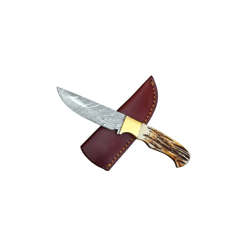 Damascus Camping Hunting Knife –  Burnt Bone Handle