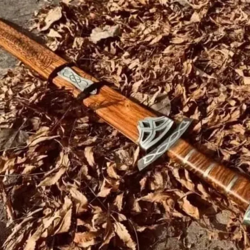 Viking Medieval Damascus Steel Sword – 36″ Battle Ready Sword with Ash Wood Handle & Silver Etched Guard