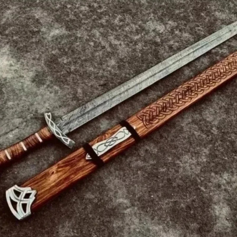 Viking Medieval Damascus Steel Sword – 36″ Battle Ready Sword with Ash Wood Handle & Silver Etched Guard