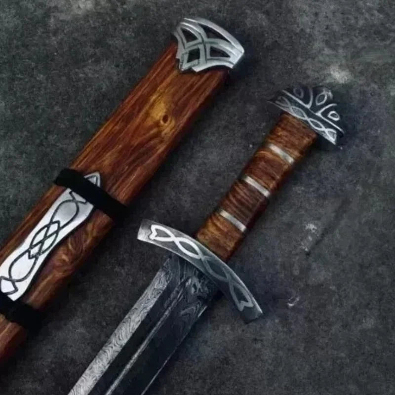 Viking Medieval Damascus Steel Sword – 36″ Battle Ready Sword with Ash Wood Handle & Silver Etched Guard
