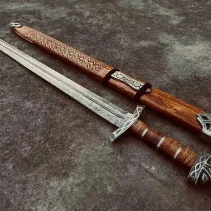 Viking Medieval Damascus Steel Sword – 36″ Battle Ready Sword with Ash Wood Handle & Silver Etched Guard