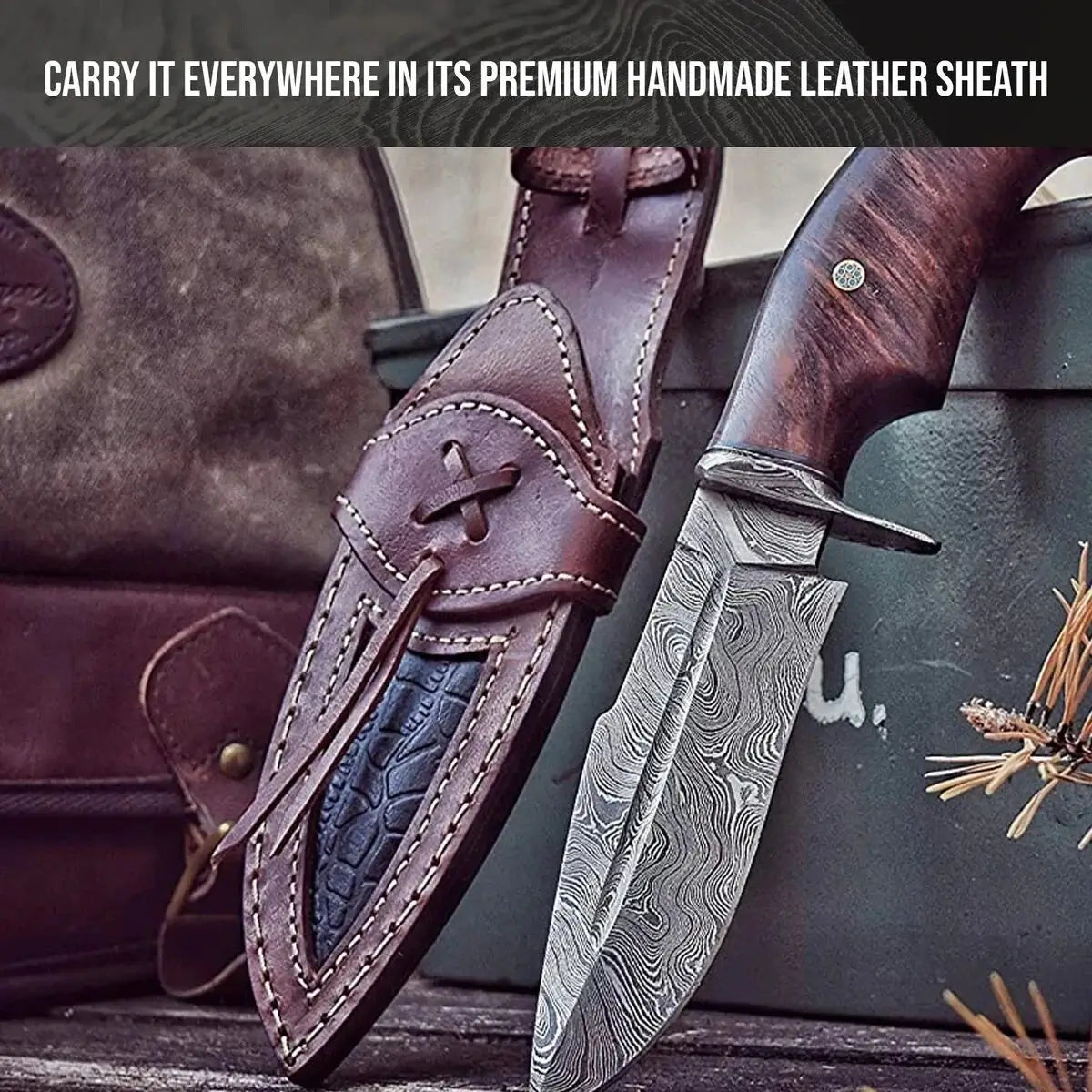 Damascus Steel Bowie Hunting Knife with Rosewood Handle