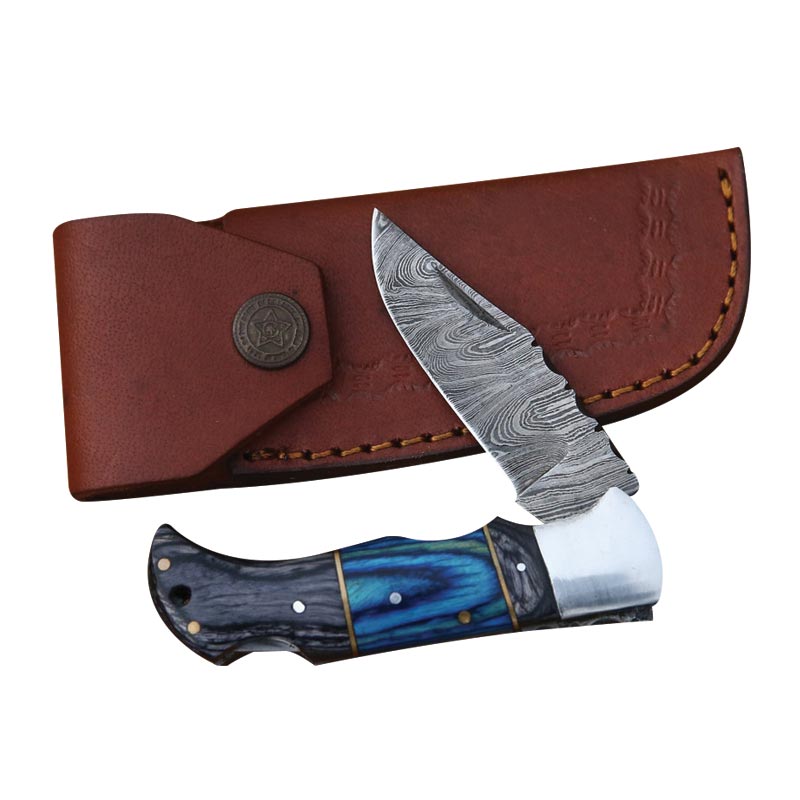 knife 6.5 Blue Wood Damascus Steel Pocket Knife Folding Pocket