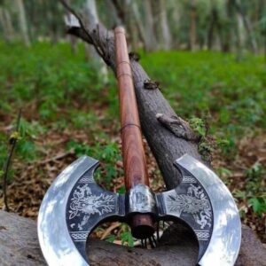 Double Headed Viking Axe – Hand-Forged Dual Blade with Leather Sheath
